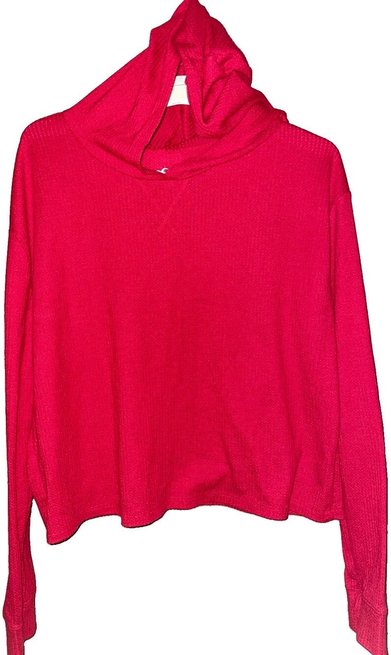 Y2K Hollister Women’s Red Cropped Thermal Pullover With Hood Sz M Long Sleeve